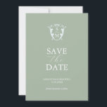 Monograma Simple Verde Salvia Anuncio de Compromis<br><div class="desc">Anuncia tu compromiso con esta moderna tarjeta de "save the date". Cuenta con una mezcla de tipografía clásica y de escritura en blanco sobre un fondo verde salvia sólido. Ingresa el monograma de la novia y el novio en el centro de un blasón azul pálido. Todos los colores se pueden...</div>