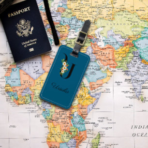 Monograma U cobalto acuarela Flor Etiqueta de equi