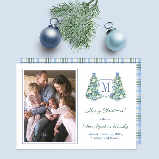 Monograma Verde Azul Feliz Navidad (Chinoiserie Chic Twin Christmas Trees with family picture and monogram)