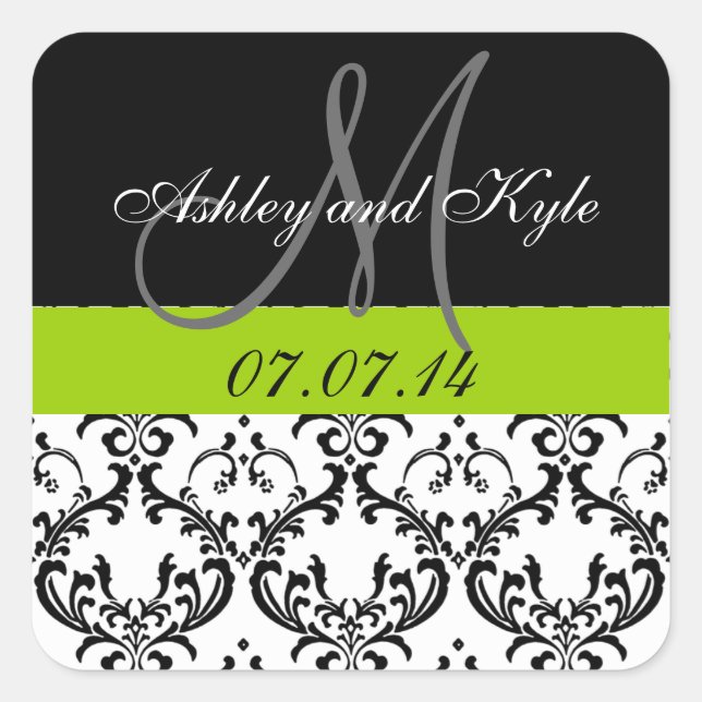 Monograma verde Damask Save the Date Pegatinas (Anverso)