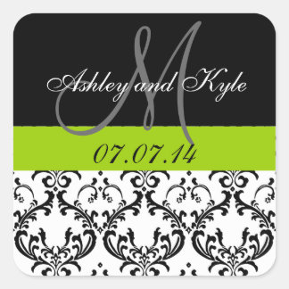Monograma verde Damask Save the Date Pegatinas