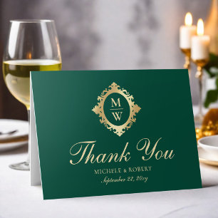 Monograma verde esmeralda Elegante oro Tarjeta de