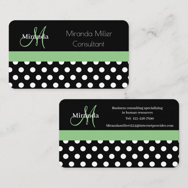 Monograma verde: tarjeta de visita Dot de Polka Bl (Anverso / Reverso)