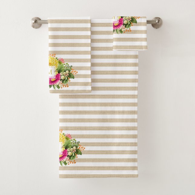 Monograma Vintage Asters Hot Pink Beige Toalla Set (In situ)