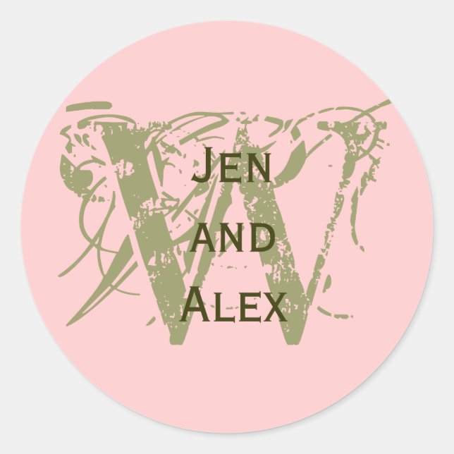 Monograma W y nombres Pegatina rosado (Anverso)