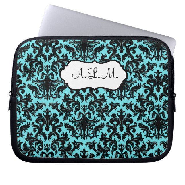 Monogramado negro, funda de portátil Aqua Damask (Frente)