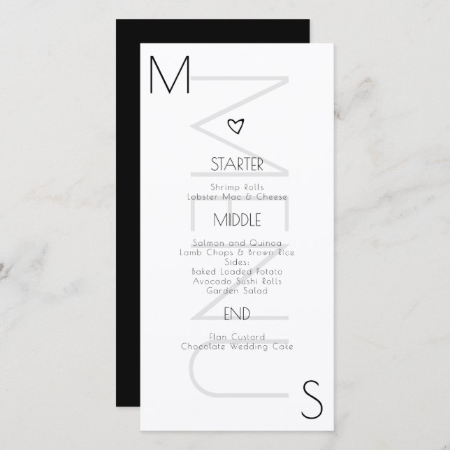 Monogramed Heart Boda Black White Menu (Anverso / Reverso)