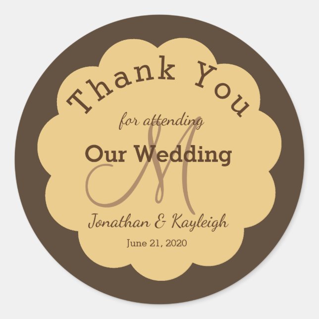 Monogrammed Brown & Gold Boda Gracias Pegatina (Anverso)