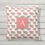 Monogramo verano al aire libre almohadas sandía<br><div class="desc">almohadas monogramadas de verano al aire libre con un patrón de sandía impreso en fondo blanco con texto blanco personalizado donde se puede añadir su inicial</div>