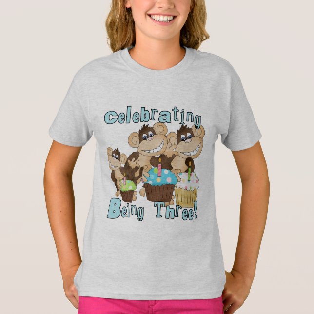 Monos Fiestas Azules camisetas de tercer cumpleaño (Anverso)