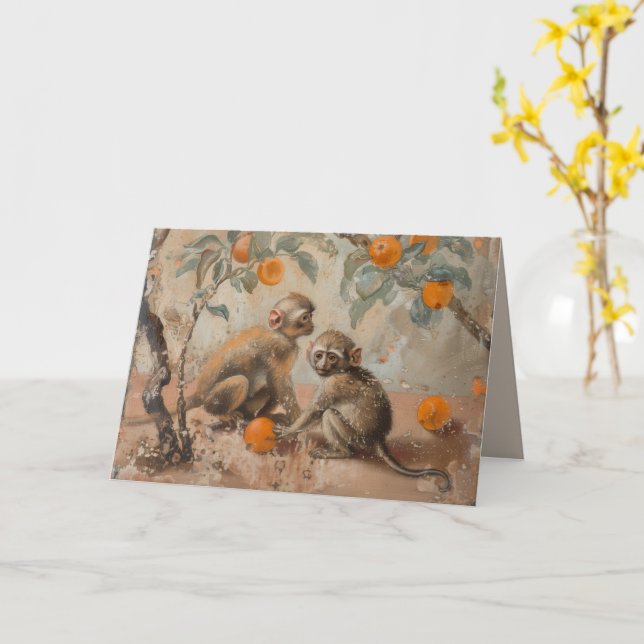 Monos - Tarjeta de felicitación doblada (flor amarilla)