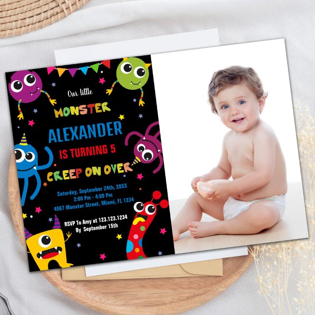 Monster Invitaciones de cumpleaños Colores foto en (Monster Birthday Invitations Colours Black w photo)