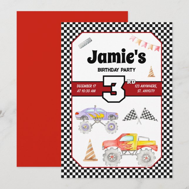 Monster Truck 3er cumpleaños invitación (Anverso / Reverso)