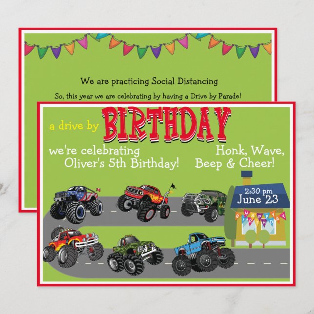 Monster Truck Drive By Birthday Parade Invitación (Anverso / Reverso)