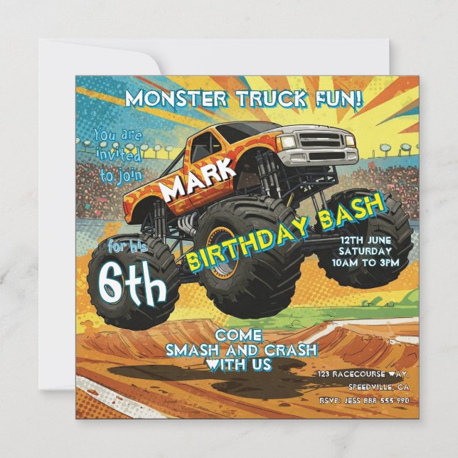 Monster Truck Fun Birthday Invitación Tarjeta plan (Anverso)
