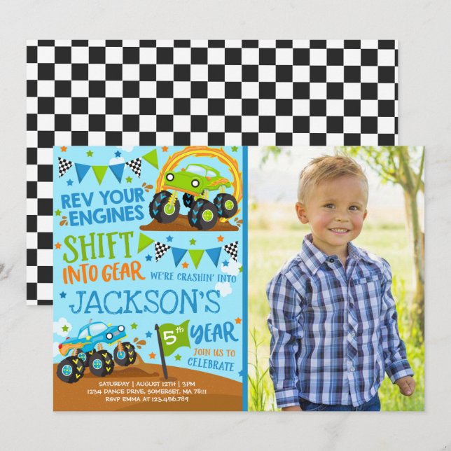 Monster Truck Invitación a Monster Camión Cumpleañ (Anverso / Reverso)