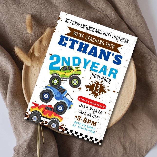 Monster Truck Invitación a Monster Camión Cumpleañ (MONSTER TRUCK BIRTHDAY INVITATION, REV YOUR ENGINES AND SHIFT INTO GEAR)