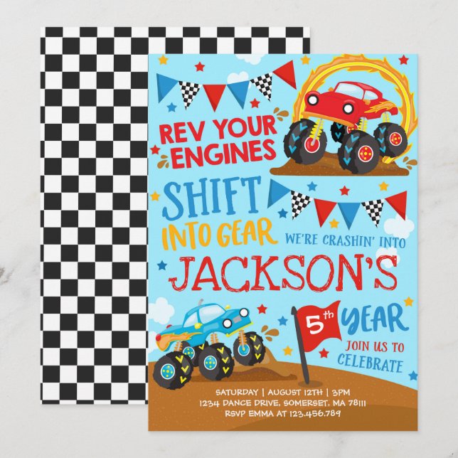 Monster Truck Invitación a Monster Camión Cumpleañ (Anverso / Reverso)