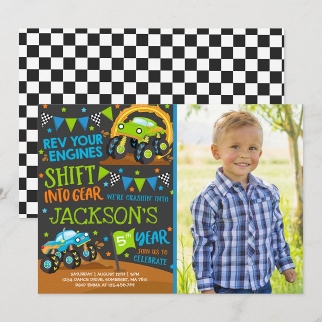 Monster Truck Invitación a Monster Camión Cumpleañ (Anverso / Reverso)