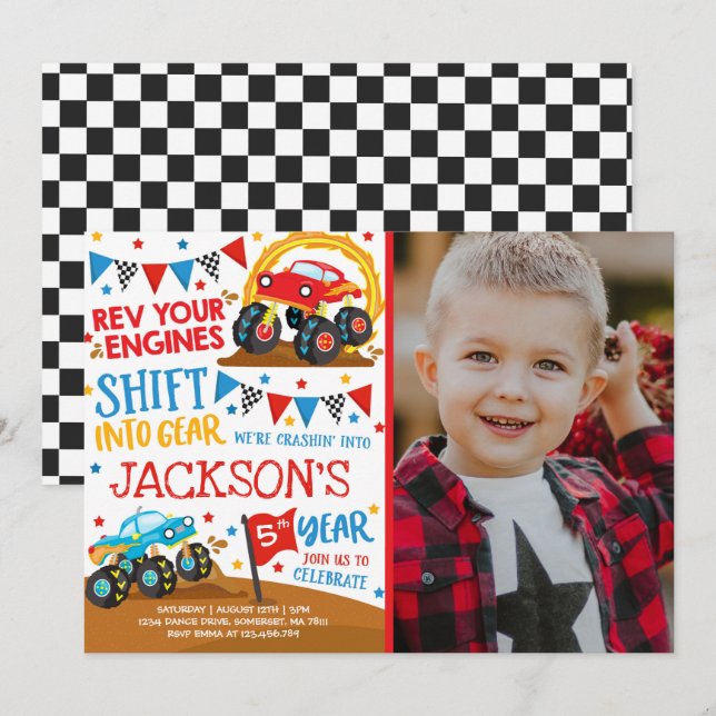 Monster Truck Invitación a Monster Camión Cumpleañ (Anverso / Reverso)