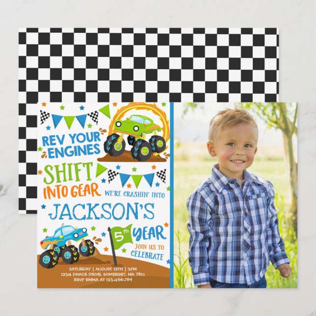 Monster Truck Invitación a Monster Camión Cumpleañ (Anverso / Reverso)