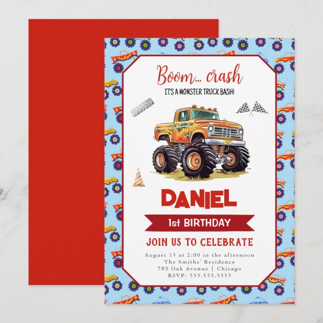 Monster Truck Invitación de cumpleaños 1 (Anverso / Reverso)