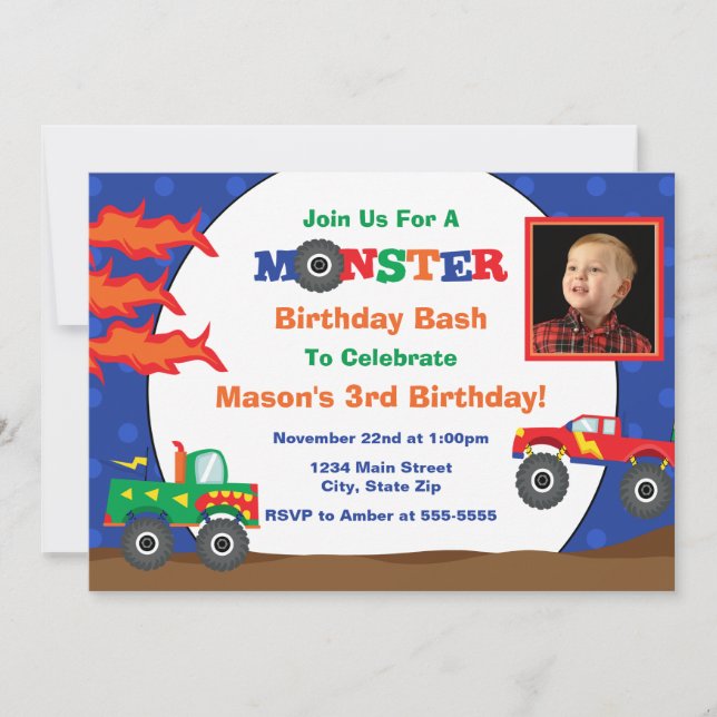 Monster Truck Invitación de cumpleaños tarjeta fot (Anverso)