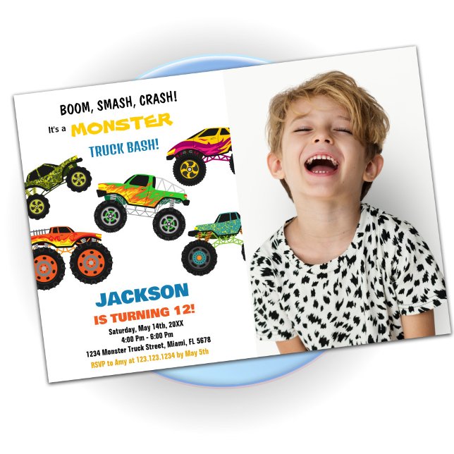 Monster Truck Invitaciones a cumpleaños Colores co (Monster Truck Birthday Invitations Colours w Photo)