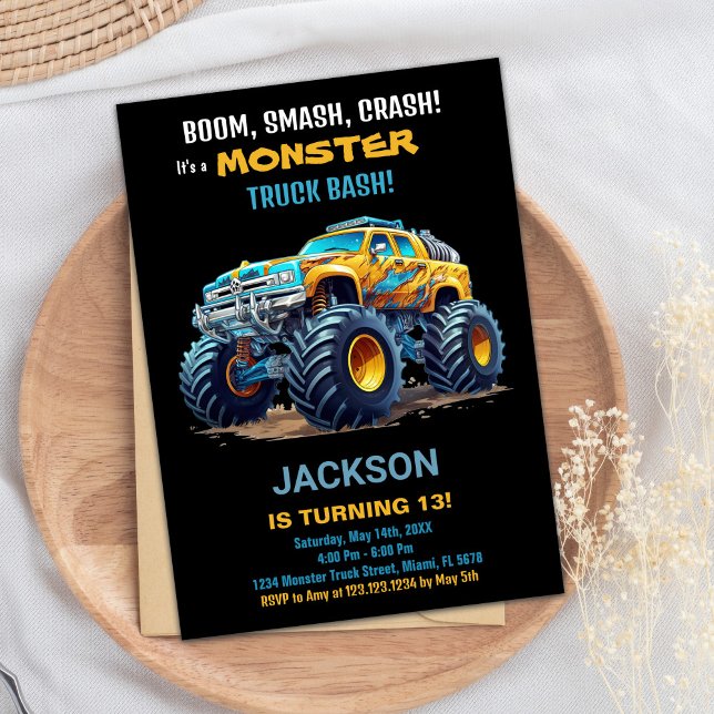 Monster Truck Invitaciones de cumpleaños Amarillo  (Monster Truck Birthday Invitations Yellow Black)