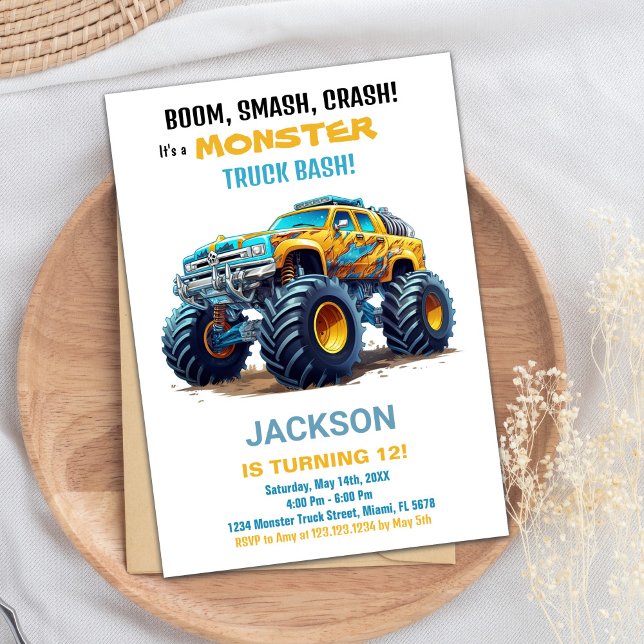 Monster Truck Invitaciones de cumpleaños Amarillo (Monster Truck Birthday Invitations Yellow)