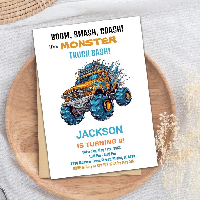 Monster Truck Invitaciones de cumpleaños Azul (Monster Truck Birthday Invitations Blue)