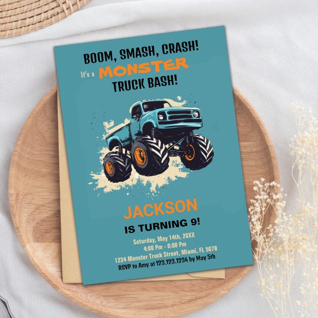 Monster Truck Invitaciones de cumpleaños Azul (Monster Truck Birthday Invitations Blue)