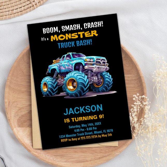 Monster Truck Invitaciones de cumpleaños Blue Blac (Monster Truck Birthday Invitations Blue Black)