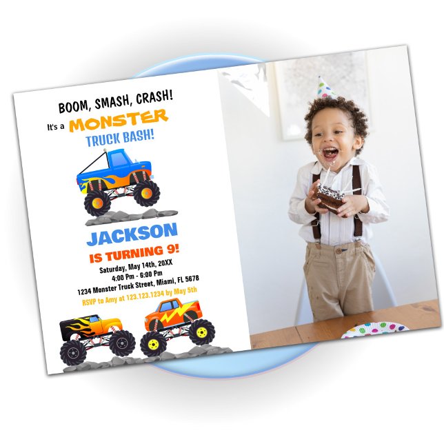 Monster Truck Invitaciones de cumpleaños Camiones  (Monster Truck Birthday Invitations Trucks Photo)