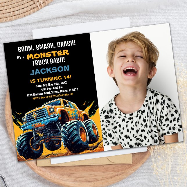 Monster Truck Invitaciones de cumpleaños Foto Amar (Monster Truck Birthday Invitations Photo Yellow)