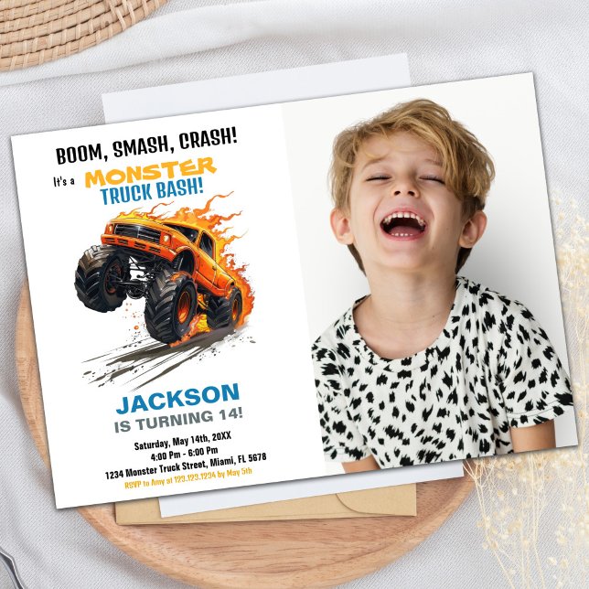 Monster Truck Invitaciones de cumpleaños Foto azul (Monster Truck Birthday Invitations Blue Photo)