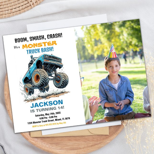 Monster Truck Invitaciones de cumpleaños Foto azul (Monster Truck Birthday Invitations Blue Photo)