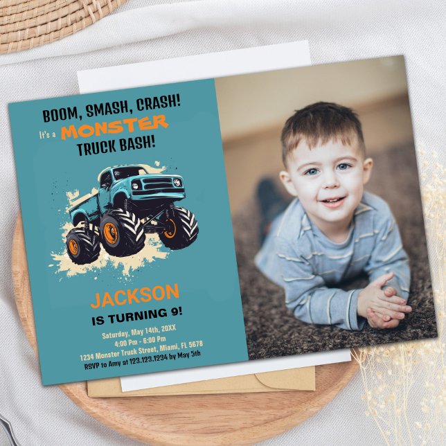 Monster Truck Invitaciones de cumpleaños Foto azul (Monster Truck Birthday Invitations Blue photo)
