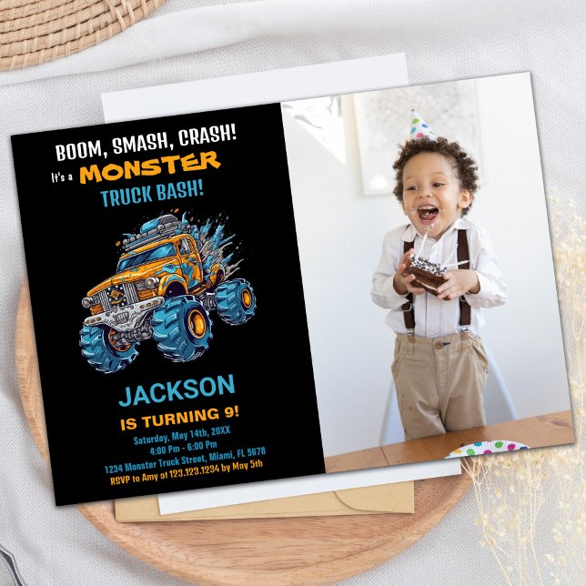 Monster Truck Invitaciones de cumpleaños Foto azul (Monster Truck Birthday Invitations Blue Photo)