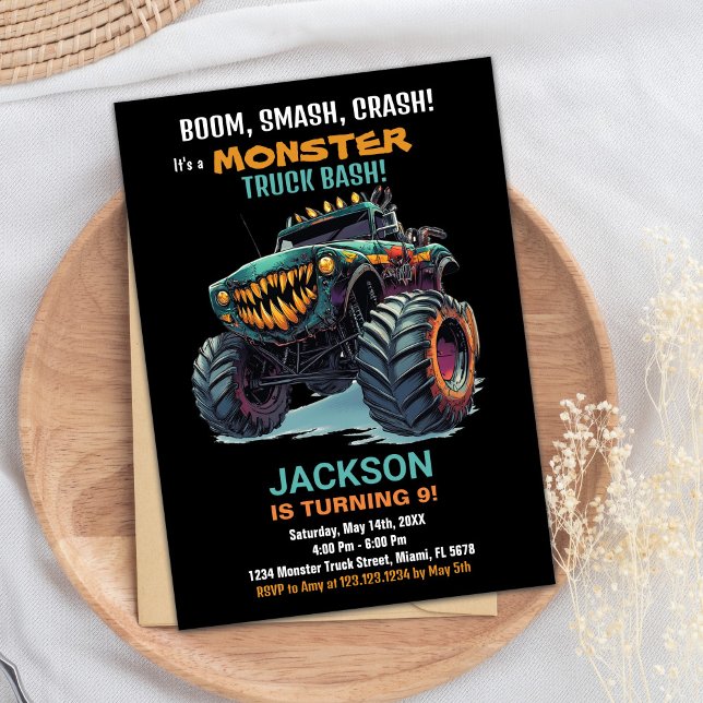 Monster Truck Invitaciones de cumpleaños Green Bla (Monster Truck Birthday Invitations Green Black)