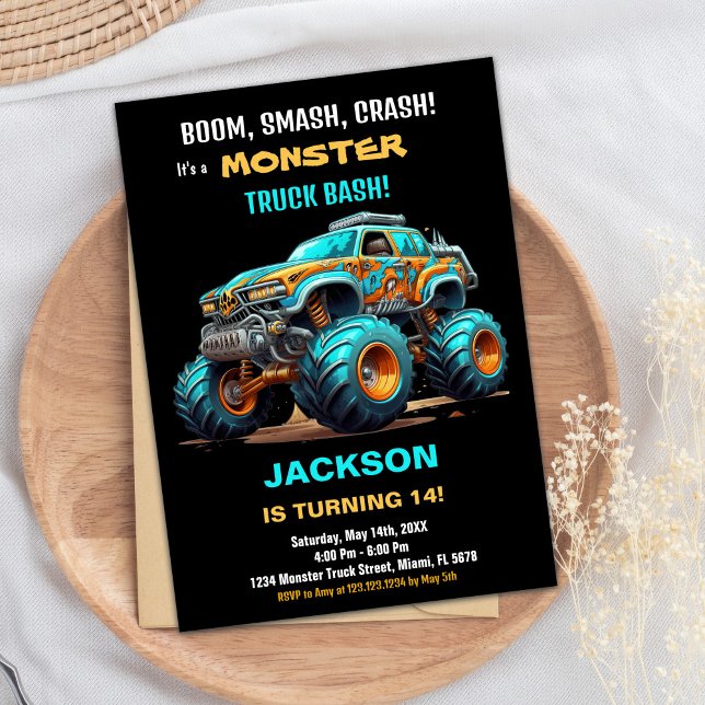 Monster Truck Invitaciones de cumpleaños Green Blu (Monster Truck Birthday Invitations Green Blue)