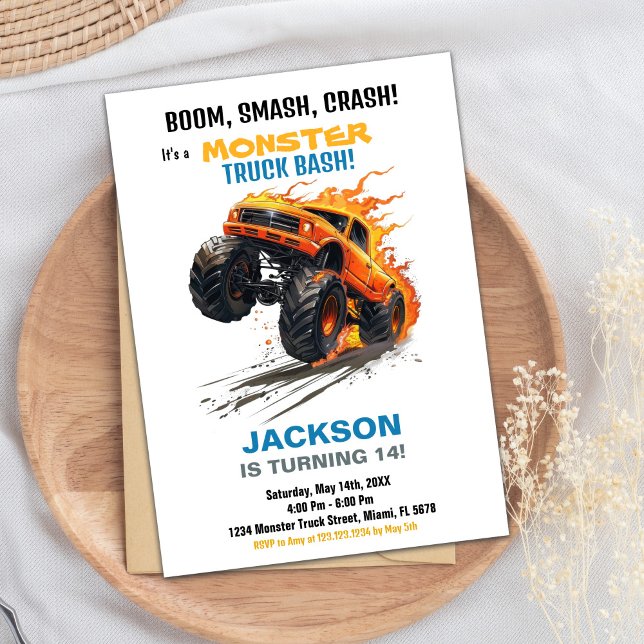 Monster Truck Invitaciones de cumpleaños Green Blu (Monster Truck Birthday Invitations Green Blue)