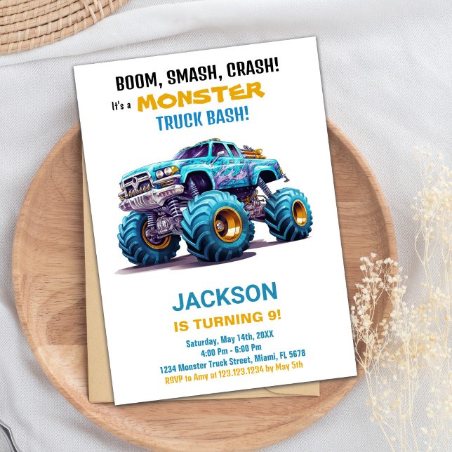 Monster Truck Invitaciones de cumpleaños Naranja A (Monster Truck Birthday Invitations Orange Blue)