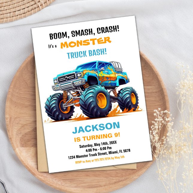 Monster Truck Invitaciones de cumpleaños Naranja A (Monster Truck Birthday Invitations Orange Blue)