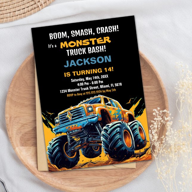 Monster Truck Invitaciones de cumpleaños Naranja B (Monster Truck Birthday Invitations Orange BC)