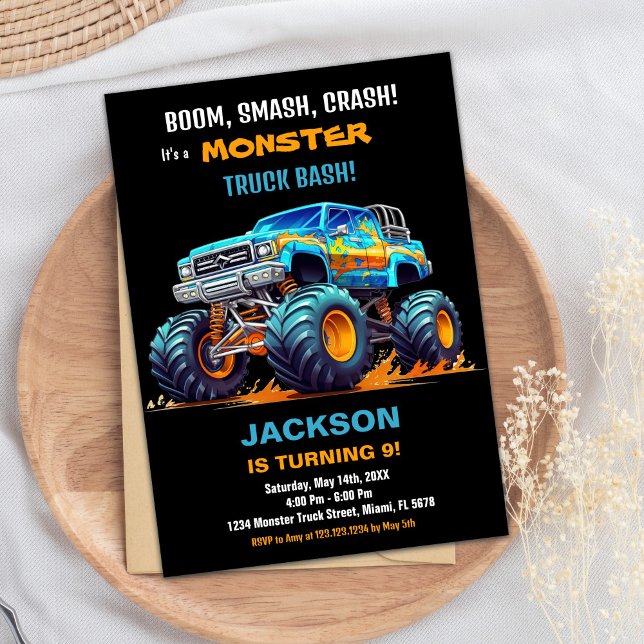 Monster Truck Invitaciones de cumpleaños Naranja B (Monster Truck Birthday Invitations Orange Black BC)