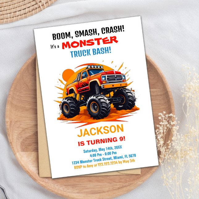 Monster Truck Invitaciones de cumpleaños Naranja W (Monster Truck Birthday Invitations Orange White)