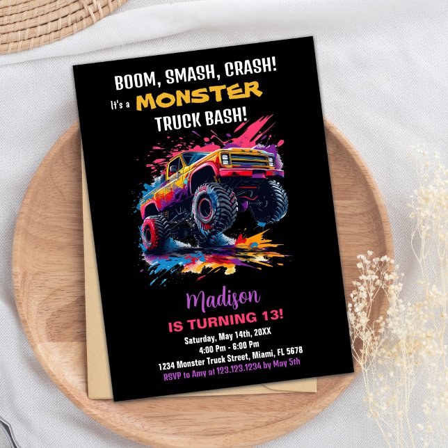 Monster Truck Invitaciones de cumpleaños Pink Blac (Monster Truck Birthday Invitations Pink Black)
