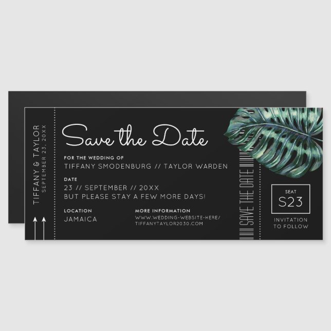 Monstera Boarding Pass Magnet Save the Date Black (Anverso/Reverso)