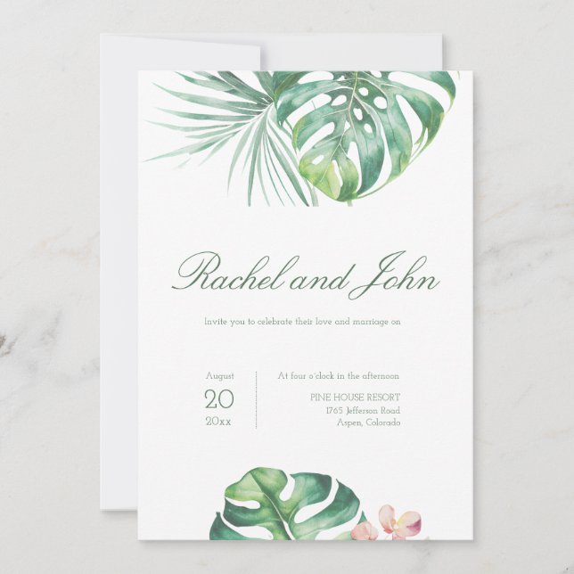 Monstera deja la invitación a la boda tropical (Anverso)